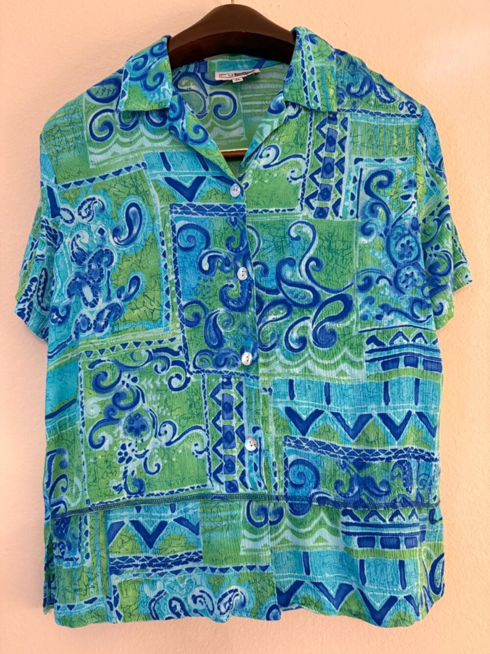 Vintage 90s CM Shapes Blue Green Printed Button Down Blouse L/XL - Picture 3 of 10